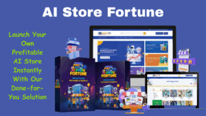 A laptop displaying a modern website with AI and money symbols, showcasing the DFY Fortune AI done-for-you website builder for generating passive income.